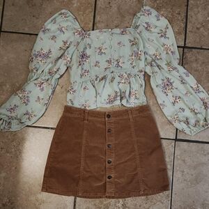 Floral Puff Sleeve Blouse and Brown Corduroy Skirt Set